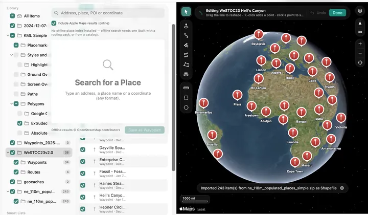 Find a Place popover next to the library and a map of imported waypoints