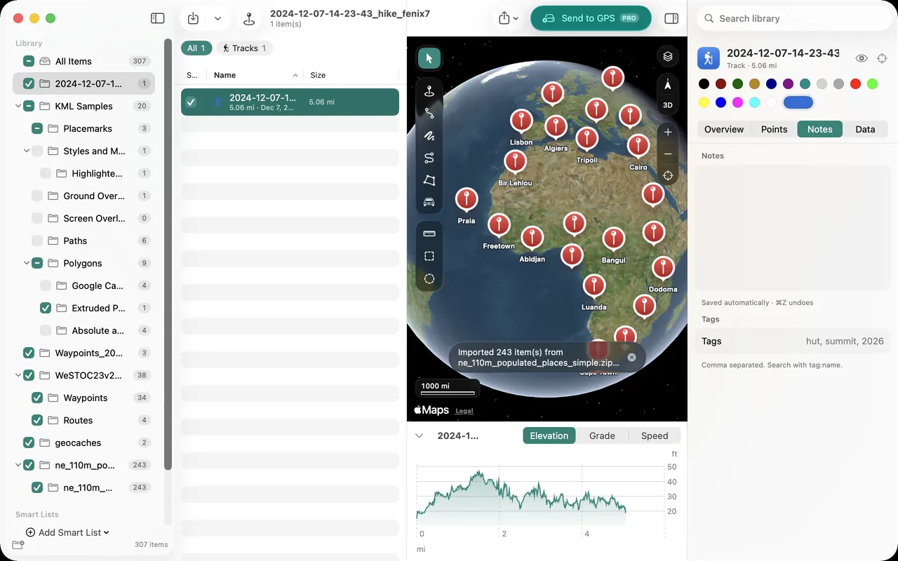 The PlaceVault window: a library of imported folders in the sidebar, a track on the map, and its elevation profile below