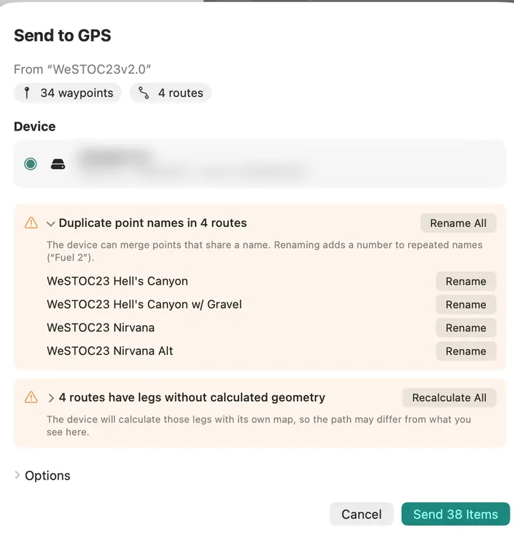 Send to GPS sheet listing 34 waypoints and 4 routes, with grouped warnings for duplicate point names and routes the device will recalculate